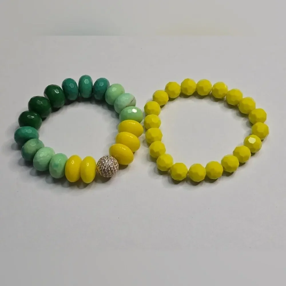 Treska Yellow and Green Faceted Beaded Stretch Bracelet Set New